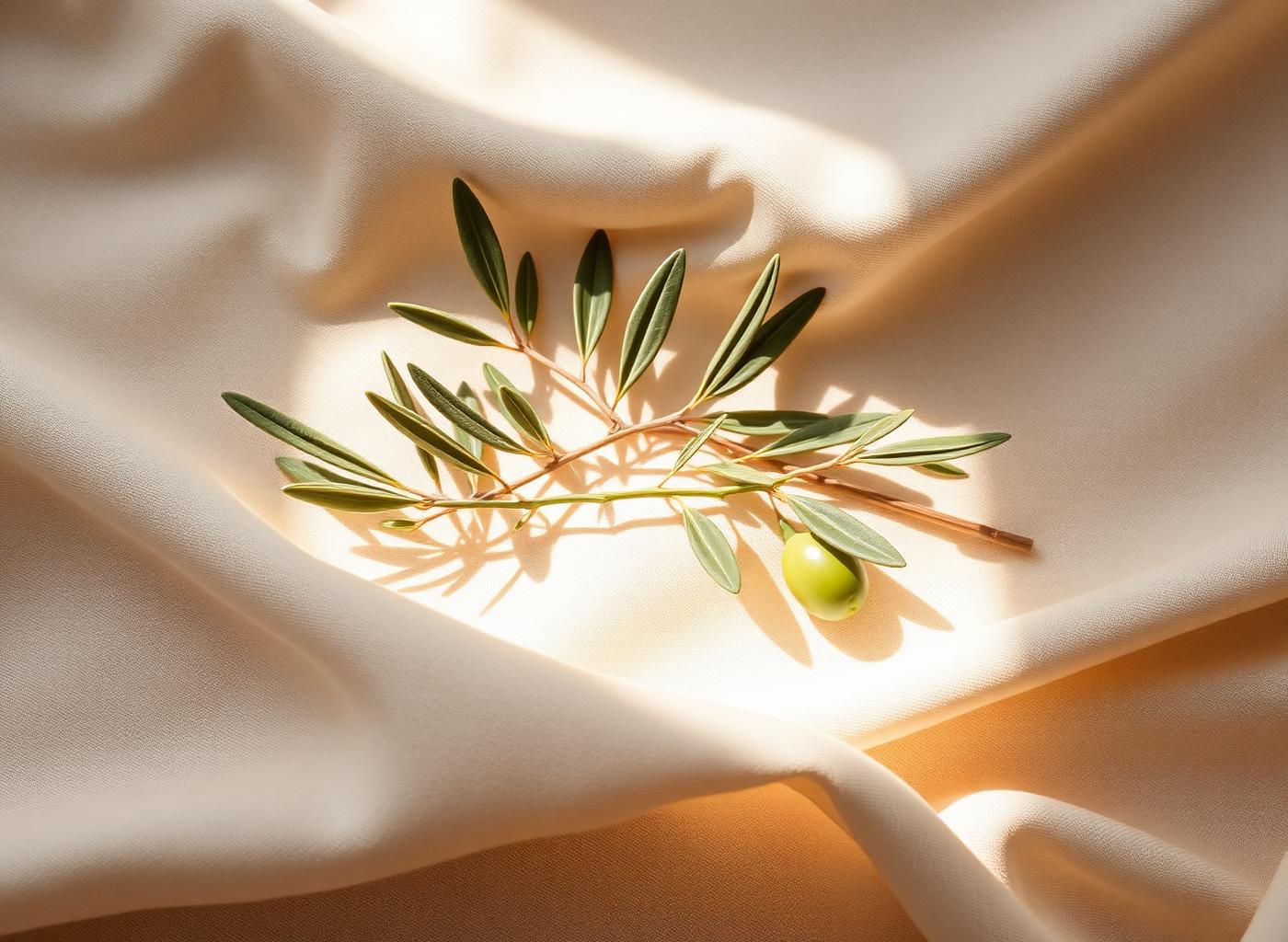 Minimal still life of an olive branch on cream fabric in soft light