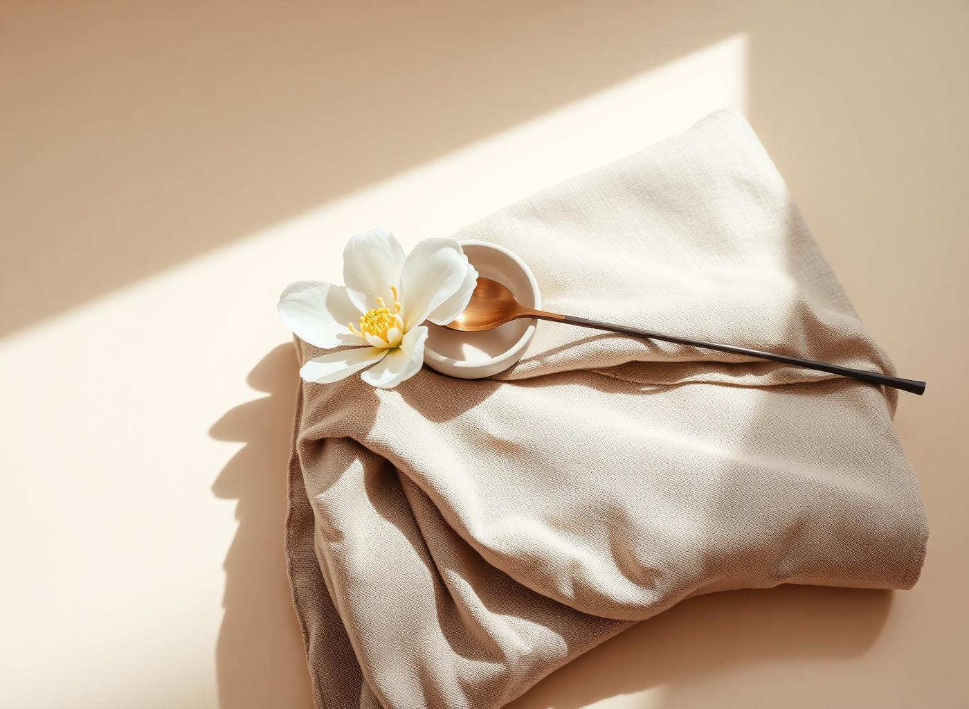 Minimal still life of linen and a white magnolia flower in soft natural light